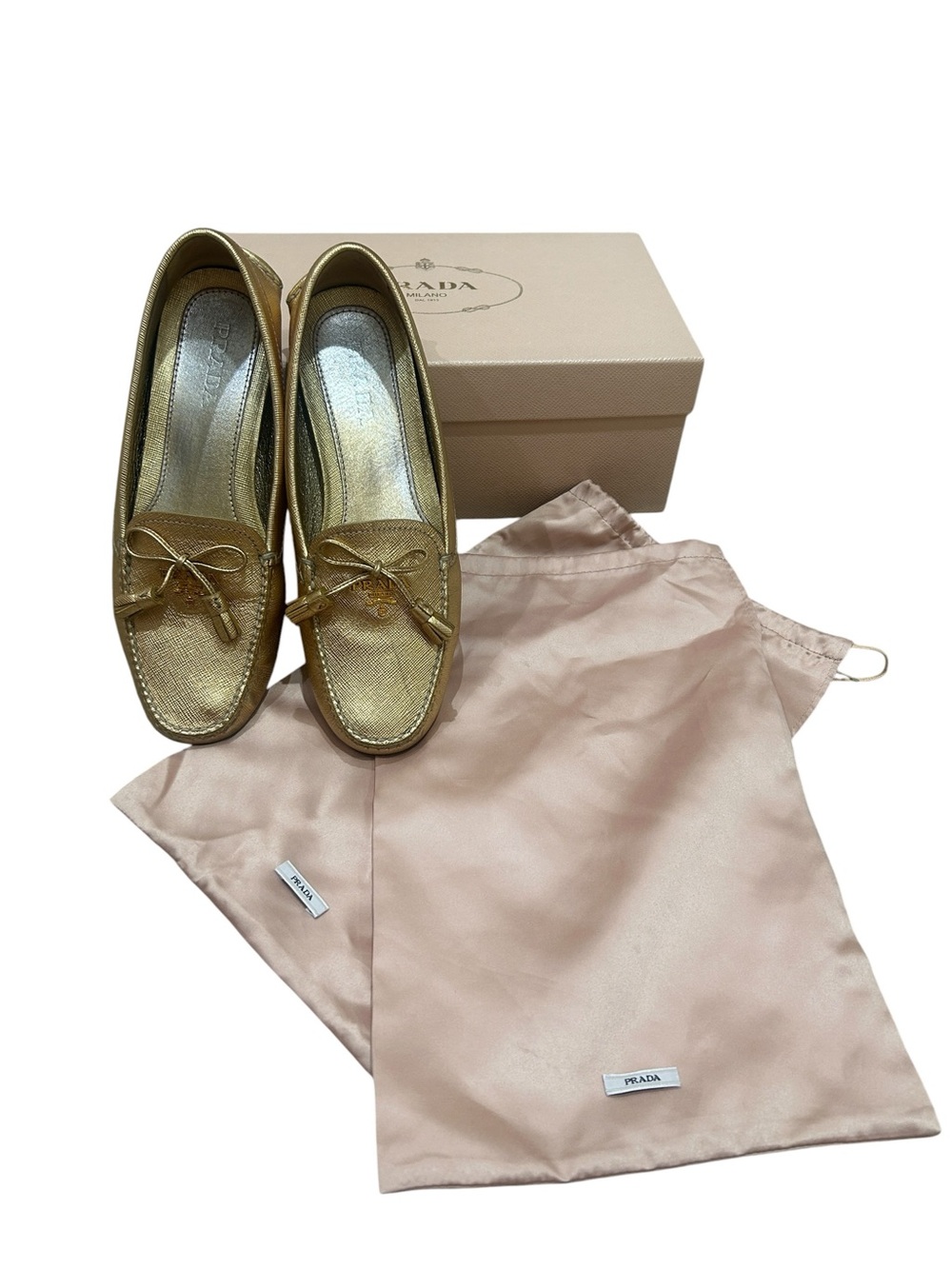 Prada Metallic Gold Leather Bow driving moccasin Loafers in box size 8